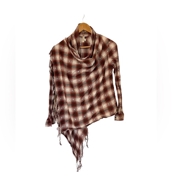 Fringed plaid long-sleeved shawl 100 % cotton - Picture 3 of 6